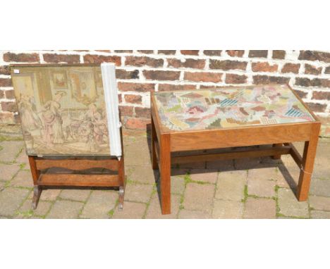 Small tapestry top folding table (with broken glass) & oak tapestry top table possibly made in York
