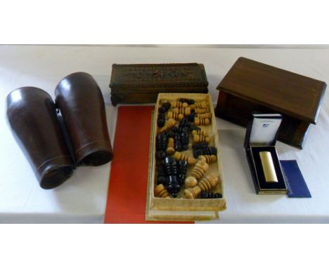 Various items inc chess set and Maruman IC multispark lighter & pairs old leather gaiters