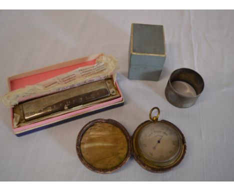 Silver napkin ring, cased pocket barometer & tuning pipe