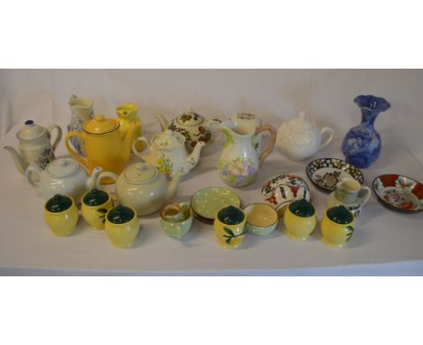 Various ceramics including teapots, wall plates, cups & saucers