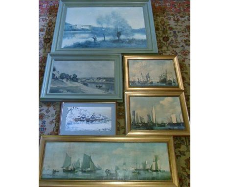 Various prints inc 'fishing smacks' by Brooking & 'port of change' by Corot