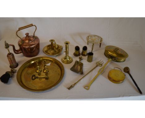 Copper and brass including a large kettle, tray, chamber stick etc