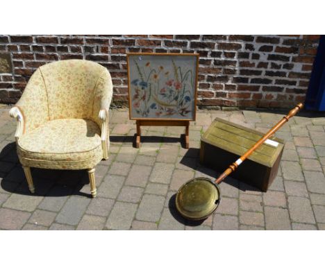 Copper warming pan, brass shoe box, tapestry fire screen / table & a tub chair