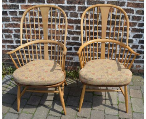 Pair of Ercol light elm high back Windsor chairs