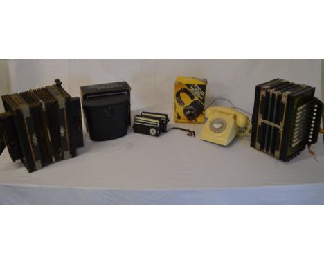 2 German accordions, Ross stereo headphones, 2 small USSR radios, retro rotary telephone & boxed binoculars