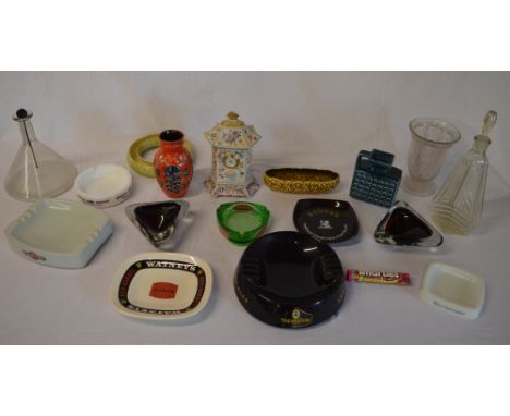 Ceramic pub ashtrays, ships decanter (no stopper), trinket trays etc