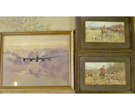 2 Hunting prints 67 cm x 46 cm & a large print of a Lancaster bomber 85 cm x 65 cm