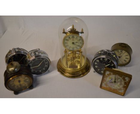 Kundo anniversary clock under glass dome & various alarm clocks