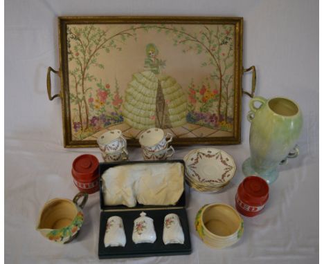 Embroidered tray, Sylvac vase, Harrods coffee cups & saucers etc