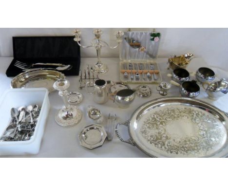 Various silver plate inc tray, candlestick & candelabra