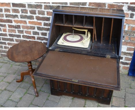 Oak Bureau, record player and occasional table