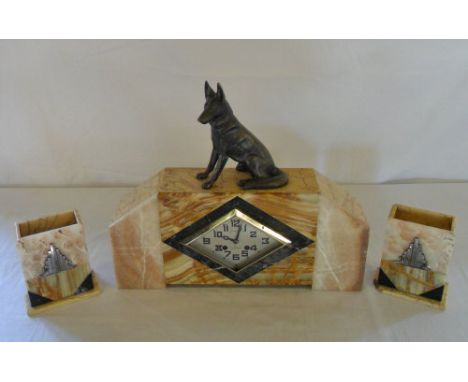 French Le Mans Art Deco clock garniture with Alsatian dog L 44 cm H 38 cm