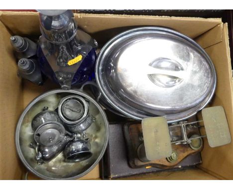 Miscellaneous metalware to include a set of brass postal scales, blue and silver plated glass decanter, silver plated wares e