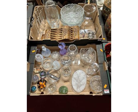 Two boxes of glassware, to include Caithness paperweights, cut glass vases, a carved hardwood layered Quran stand etc