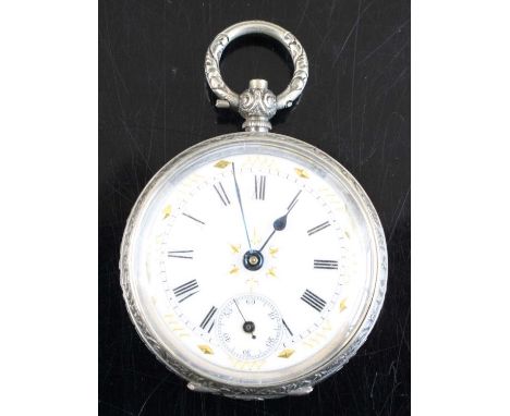 An early 20th century Swiss silver cased ladies fob watch, having a key-wind movement and enamel dial with Roman numerals, th