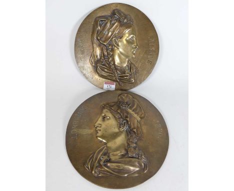A pair of 19th century French brass portrait roundels, inscribed Alsace, Lorraine and dated 1870, each dia. 23cm
