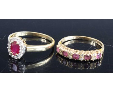 A modern 9ct gold ruby and diamond point oval cluster ring, size N, together with a 9ct gold, ruby and diamond point sweet ha