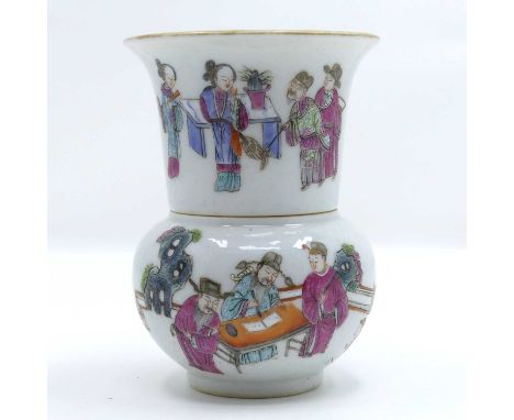 A Chinese porcelain vase, in two sections, enamel decorated with scholars, red enamel seal mark to the underside, height 11cm