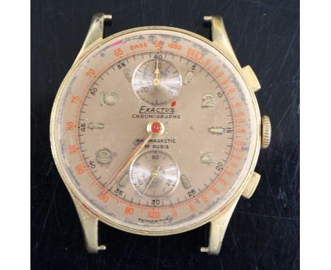 A gent's Exactus 18ct gold cased manual wind chronograph wristwatch having twin subsidiary dials, Arabic numerals, fine outer