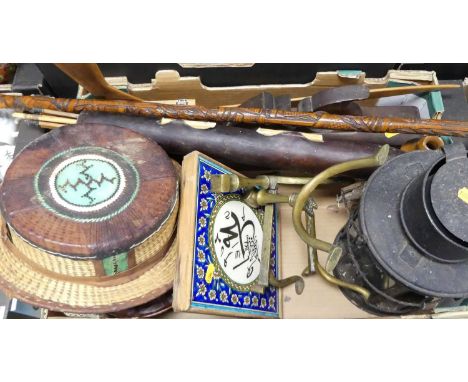A collection of miscellaneous items, to include an Islamic wall tile, tribal arrows and quiver, antique wood plane etc 
