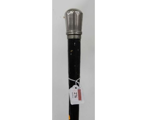 An unusual black painted metal walking stick, the handle unscrewing to reveal a hollow interior, length 87cm 