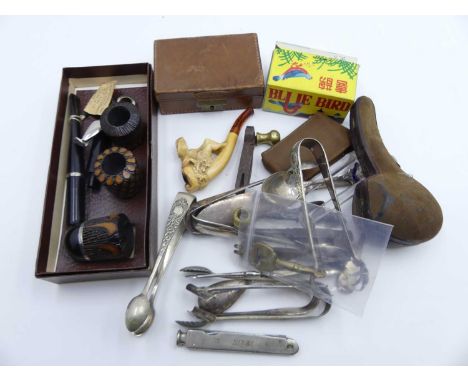 Miscellaneous items to include a Meerschaum type pipe, tan leather clad box, flat wares etc