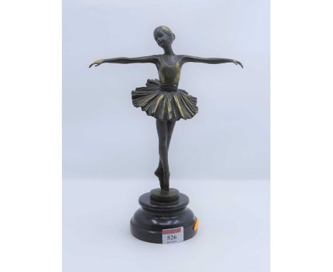 A bronze figure of a ballerina, upon a polished black hardstone plinth, signed TILA(?), h.29cm 