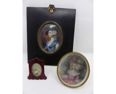 French school - 19th century half length portrait of a lady wearing a hat, 7.5x5.5cm within further ebonised frame, together 