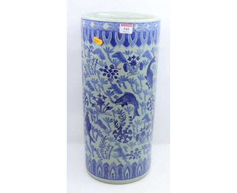 A modern Chinese blue and white pottery stickstand, decorated with fish, h.46cm 