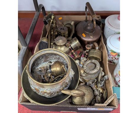 A collection of metal ware to include a pair of Indian brass candlesticks, with enamel decoration, height 11cm, and a repouss