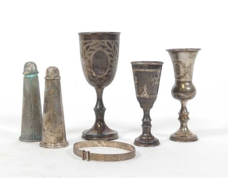 A George V silver goblet, J Zeving, Chester 1914, h.12cm, together with another engraved with the Star of David, a spill vase