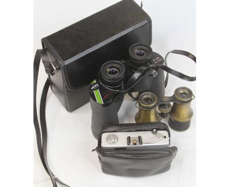 A Konica C35 automatic film camera; together with a pair of Swift Belmont Deluxe 8x40 wide field binoculars, cased; and a pai