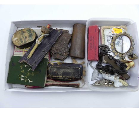 Miscellaneous items to include a brass easel photograph frame, treen, snuff box etc