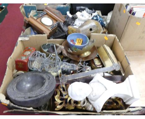Two boxes of miscellaneous items to include an African tribal zoomorphic mask and an architectural mantel clock