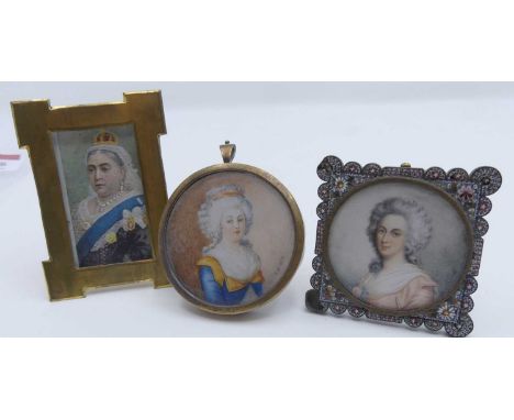 French School, 19th century, miniature head and shoulders portrait of a lady, indistincly signed lower right, dia.4.2cm, with