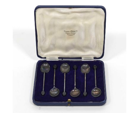 A set of six George V silver coffee bean spoons, Mappin &amp; Webb, Sheffield 1933, 1.1ozt, in blue leather clad case, togeth