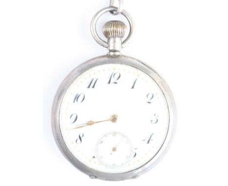 A silver open face manual wind pocket watch, having a round cream Arabic dial and sib-dial at 6, inner case stamped 1546, cas