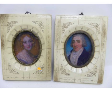 A pair of reproduction lithograph portrait miniatures, each housed in a carved white resin frame, 13 x 10cm 