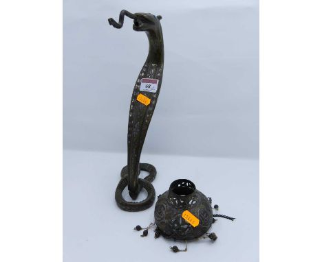 An Indian brass and white metal inlaid lamp base in the form of a cobra, height 31cm, together with a similar shade