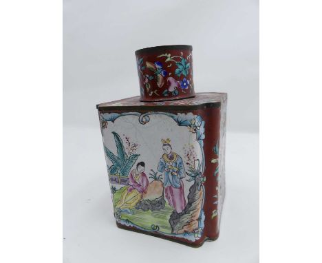 A Chinese enamelled tea caddy, decorated with figural panels and flowers, h.13cm 