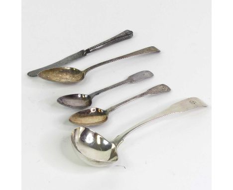 A George III Irish silver sauce ladle, in the fiddle pattern, Samuel Neville, Dublin 1804, L.18cm, together with three silver