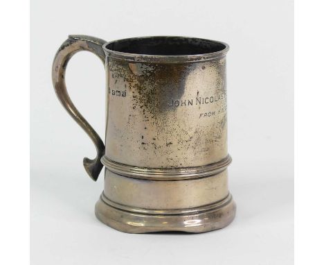A George V silver christening mug, of cylindrical shape, having a scroll handle, engraved 'John Nicolas Revans Hallett from h