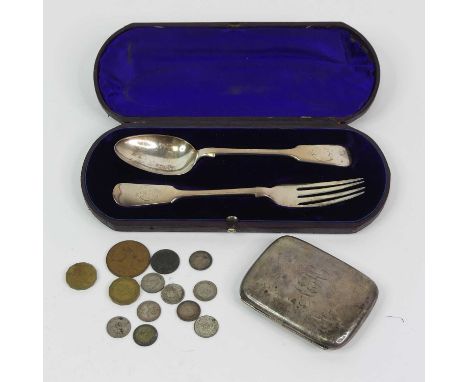 A Victorian silver two piece christening set, comprising a fork and spoon, in the fiddle pattern, each engraved to the stem a