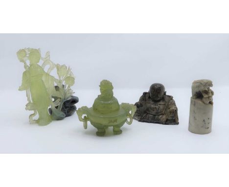 A Chinese carved soapstone figure of Buddha, h.9cm; together with a Chinese carved soapstone seal; jadeite censer; and a jade