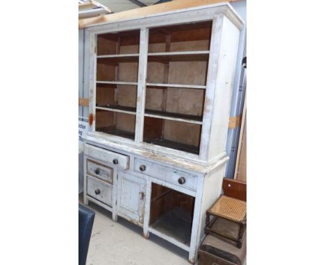 A Victorian painted and distressed pine kitchen dresser with shelf unit over (2 drawers missing)