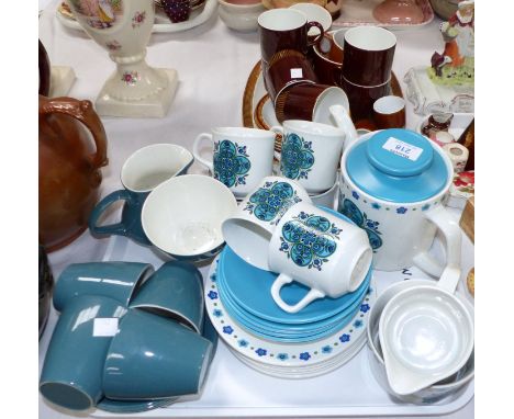 A 1960's J & G Meakin "Studio" part tea set, 21 pieces approx; 10 pieces of Poole blue teaware; a Poole brown part tea set