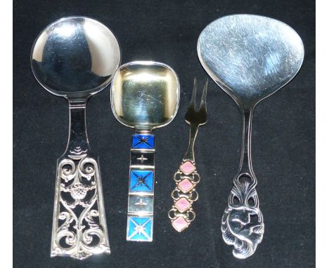 Two large Norwegian spoons; a spoon with blue enamel decoration; a fork with pink enamel decoration, 5 oz.