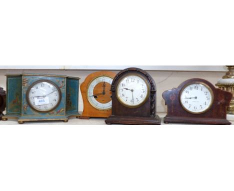 A 1970's mantel clock in turquoise chinoiserie case; 3 other mantel clocks