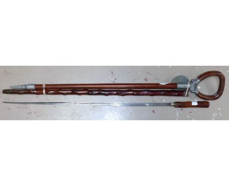 A 19th century briar sword stick with silver collar; a shooting stick