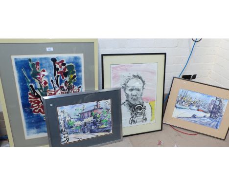 Joan Fletcher:  "Manchester Docks", watercolour, signed, 11" x 16", framed; 2 other watercolours, framed; a signed print by t